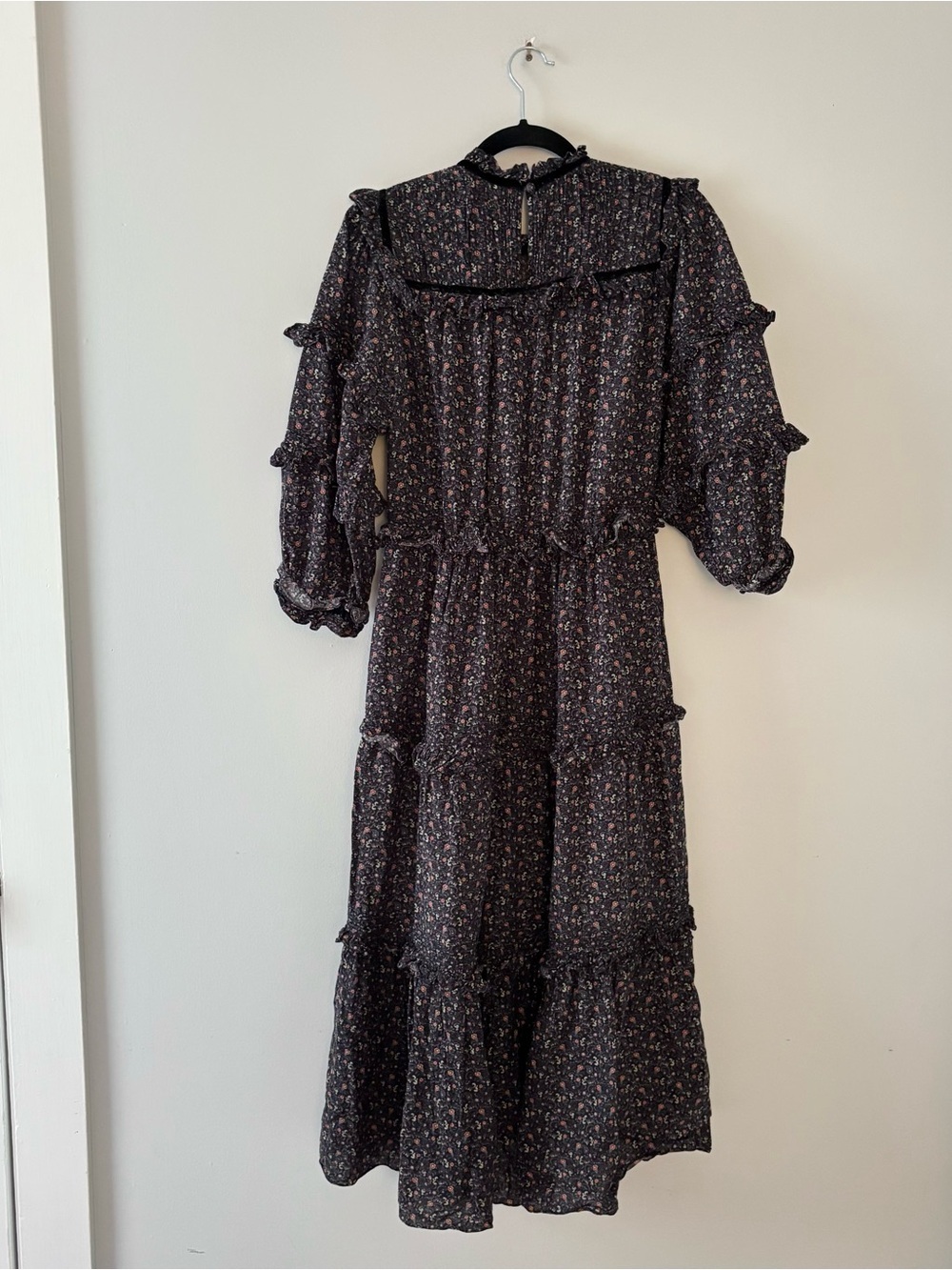 Doen Clay Dress in Black Mafia Maxi 3/4 Puff Sleeves Floral Print Tiered Ruffle - Picture 8 of 10